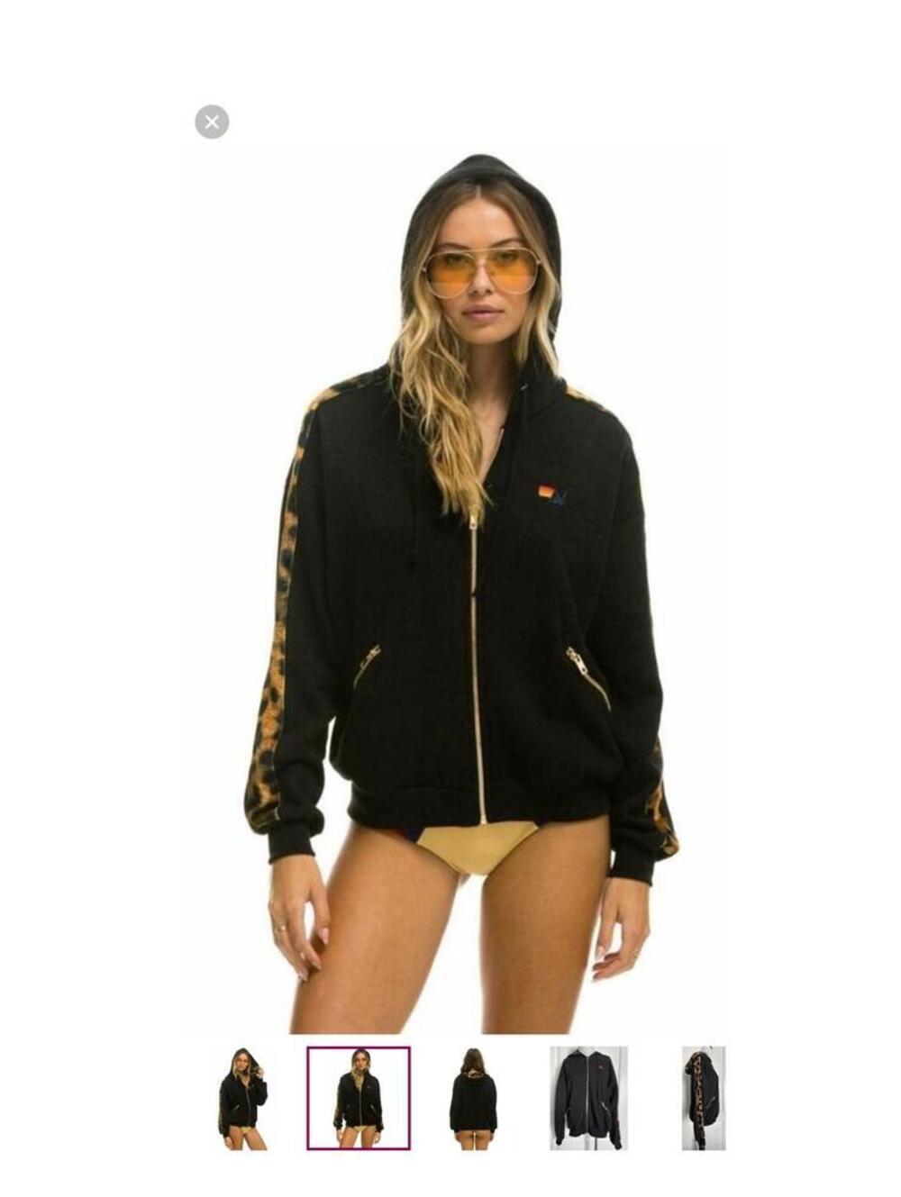 Aviator Nation Rock the Wild Black Hoodie with Leopard Print Pockets animal L